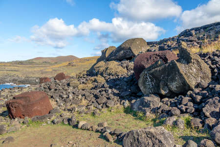 Fallen Moai Statues at Ahu Akahanga - Easter Island, Chileの写真素材
