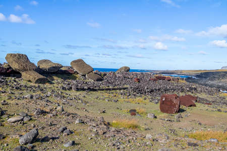 Fallen Moai face down Statues at Ahu Akahanga - Easter Island, Chileの写真素材