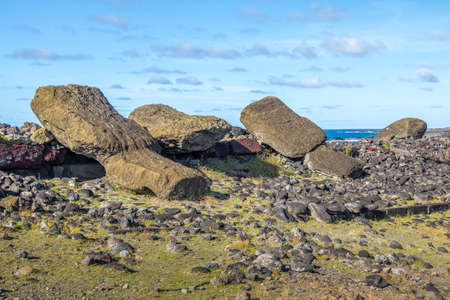 Fallen Moai face down Statues at Ahu Akahanga - Easter Island, Chileの写真素材