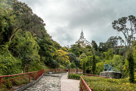 Walkway on top of Monserrate Hill with Monserrate Church on background - Bogota, Colombiaの写真素材