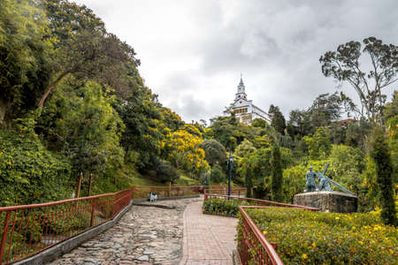 Walkway on top of Monserrate Hill with Monserrate Church on background - Bogota, Colombiaの写真素材