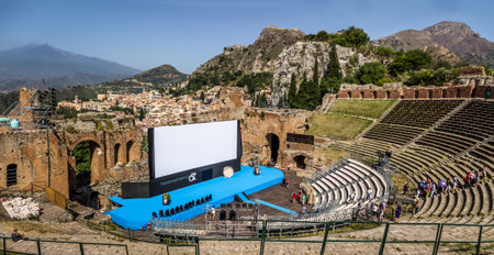 TAORMINA, ITALY - Jun 16, 2015: Cinema Screen at Ancient greek theatre of Taormina for Taormina Film Fest - Taormina, Sicily, Italyのeditorial素材