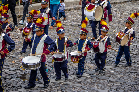 Group of small children Marching Band in Uniforms - Antigua, Guatemalaのeditorial素材
