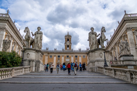 Staircase to Piazza del Campidoglio on the top of Capitoline Hill and Senate (Senatorial Palace) - Rome, Italyのeditorial素材