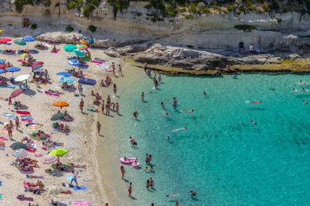 Aerial view of people having fun in Tropea beach - Tropea, Calabria, Italyのeditorial素材