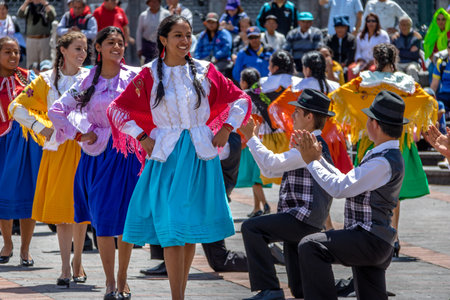 Group in local costume performing ecuadorian traditional dance - Quito, Ecuadorのeditorial素材