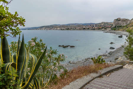 Aerial view of Bova Marina Town, a Mediterranean beach of Ionian Sea - Bova Marina, Calabria, Italyの写真素材