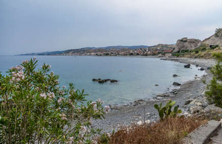 Aerial view of Bova Marina Town, a Mediterranean beach of Ionian Sea - Bova Marina, Calabria, Italyの写真素材
