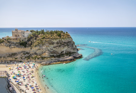 Aerial view of Tropea Beach and Santa Maria dell'Isola, Church - Tropea, Calabria, Italyのeditorial素材