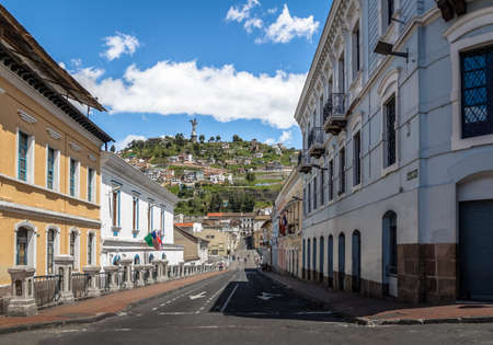 Street of Quito and Monument to the Virgin Mary on the top of El Panecillo Hill - Quito, Ecuador