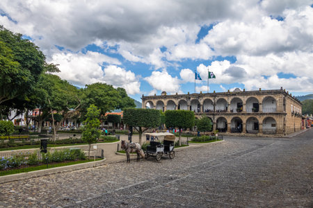 Parque Central (Plaza Mayor) and Ayuntamiento Palace (City Hall) - Antigua, Guatemalaのeditorial素材