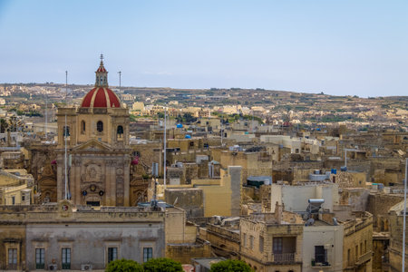 Victoria city with Saint George Basilica view from the citadel - Victoria, Gozo, Maltaのeditorial素材