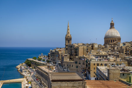 Valletta cityscape view with Basilica of Our Lady of Mount Carmel - Valletta, Maltaのeditorial素材