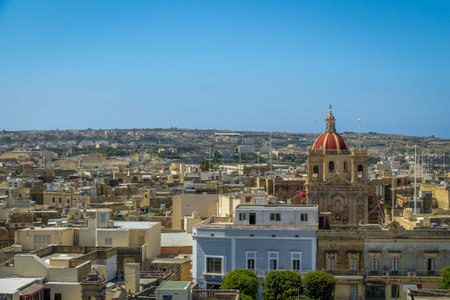 Victoria city with Saint George Basilica view from the citadel - Victoria, Gozo, Maltaのeditorial素材