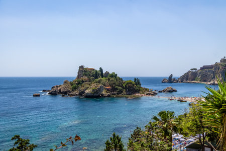 Aerial view of Isola Bella island and beach - Taormina, Sicily, Italyのeditorial素材