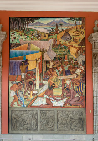 The corridor of National Palace with the famous mural The Tarascan or Purepechan culture of Michoacan by Diego Rivera - Mexico City, Mexicoのeditorial素材