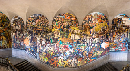 The stairs of National Palace with the famous mural The History of Mexico by Diego Rivera - Mexico City, Mexicoのeditorial素材