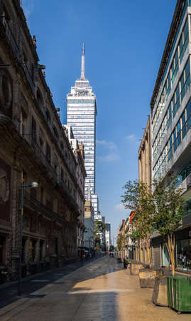 Pedestrian street in Mexico City downtown with Latinoamericana Tower on background - Mexico City, Mexicoの写真素材