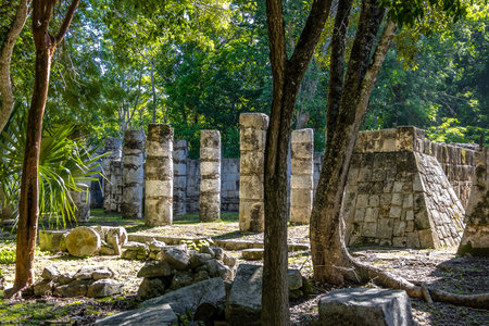 The columns in the Thousand Warriors Temple complex at Chichen Itza Mayan Ruins - Yucatan, Mexicoのeditorial素材