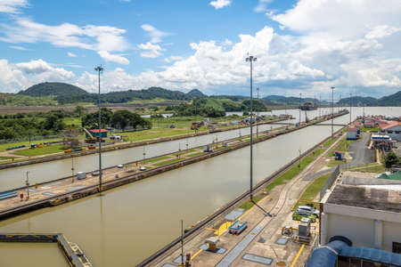 Panama Canal at Miraflores Locks - Panama City, Panamaの写真素材