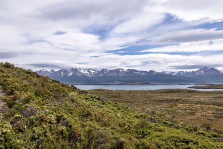 Island and mountains view in Beagle Channel - Ushuaia, Tierra del Fuego, Argentinaの写真素材