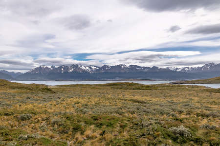 Island and mountains view in Beagle Channel - Ushuaia, Tierra del Fuego, Argentinaの写真素材