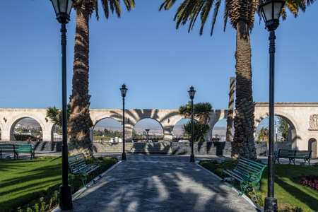 Yanahuara Plaza with the Arches on backgound - written on the arches are quotes of famous people of the city - Arequipa, Peruの写真素材