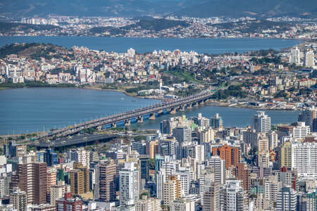 Aerial view of Dowtown Florianopolis City and Pedro Ivo Campos Bridge - Florianopolis, Santa Catarina, Braziaの写真素材
