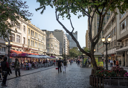 Flower Street (Rua das Flores) and Palacio Avenida (Avenida Palace) - Curitiba, Parana, Brazilのeditorial素材
