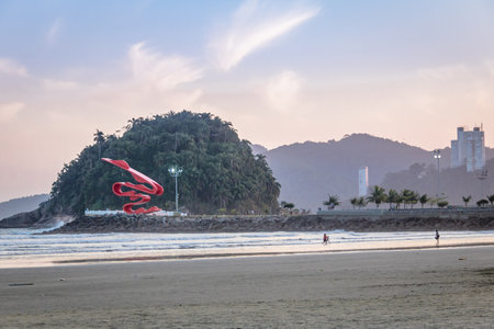 Santos Beach and Urubuquecaba island at sunset - Santos, Sao Paulo, Brazilのeditorial素材