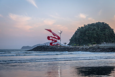 Santos Beach and Urubuquecaba island at sunset - Santos, Sao Paulo, Brazilのeditorial素材