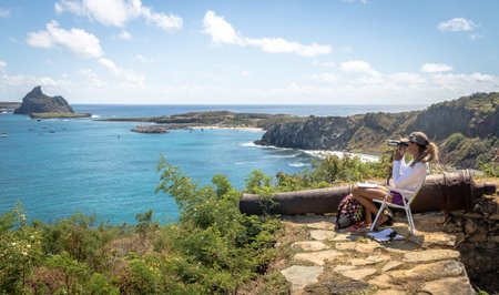 People of Project Rotating Dolphin (Spinner Dolphin Project) watching the animals at Port from Our Lady of Remedies Fortress - Fernando de Noronha, Pernambuco, Brazilのeditorial素材