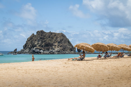 Beach Umbrellas at Praia da Conceicao Beach - Fernando de Noronha, Pernambuco, Brazilのeditorial素材