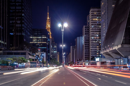Paulista Avenue at night - Sao Paulo, Brazilのeditorial素材