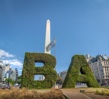 Buenos Aires Sign and Obelisk at Plaza de la Republica - Buenos Aires, Argentinaのeditorial素材