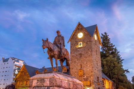 Civic Center (Centro Civico) and main square in downtown Bariloche at sunset - Bariloche, Patagonia, Argentinaのeditorial素材