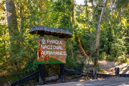 Sign at Arrayanes National Park - Villa La Angostura, Patagonia, Argentinaのeditorial素材