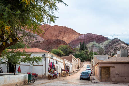 Purmamarca town with the Hill of Seven Colors (Cerro de los siete colores) on background  - Purmamarca, Jujuy, Argentinaの写真素材