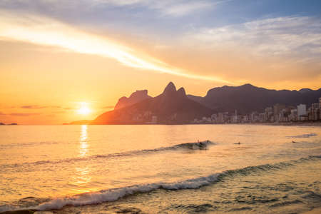 Ipanema Beach and Two Brothers (Dois Irmaos) Mountain at sunset - Rio de Janeiro, Brazilの写真素材