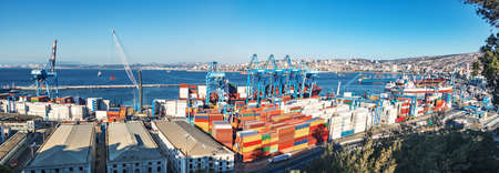 Panoramic aerial view of Valparaiso Harbor from Paseo 21 de Mayo at Cerro Artilleria Hill -...