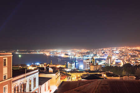 Aerial view of Valparaiso from Cerro Alegre Hill at night - Valparaiso, Chileの写真素材