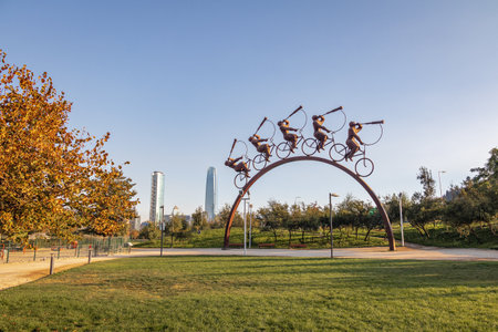 The Search sculpture at Bicentenario Square with Costanera Center skyscraper on background - Santiago, Chileのeditorial素材