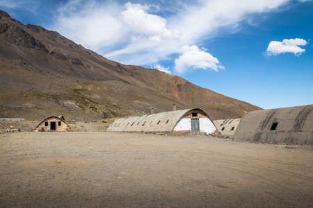 Las Cascaras old ruins from the construction of Embalse el Yeso Dam at Cajon del Maipo - Chileの写真素材