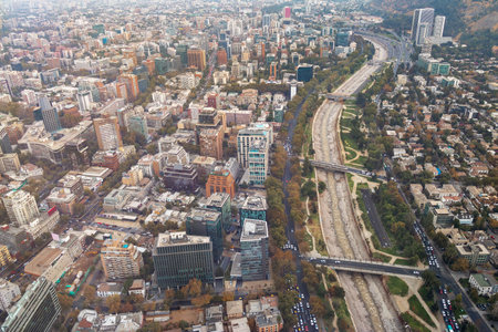 Santiago aerial view with Mapocho River - Santiago, Chileのeditorial素材