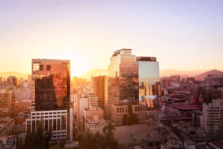 Modern buildings in dowtown Santiago at sunset - Santiago, Chileの写真素材