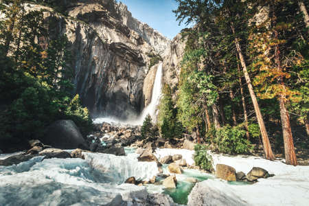 Lower Yosemite Falls at winter (long exposure) - Yosemite National Park, California, USAの写真素材