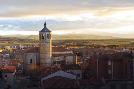 Aerial view of Avila at sunset with Santiago Church - Avila, Castile and Leon, Spain