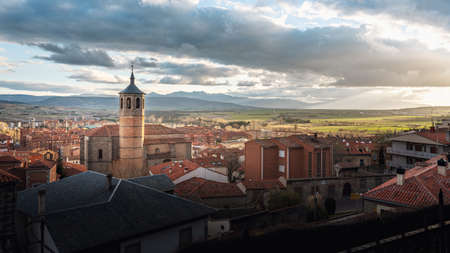 Aerial view of Avila at sunset with Santiago Church - Avila, Castile and Leon, Spainの写真素材