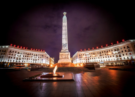 Minsk, Belarus - Aug 01, 2019: Victory Square at night - Minsk, Belarusのeditorial素材