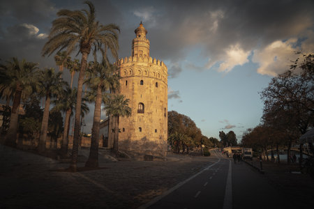Seville, Spain - Apr 6 2019: Torre del Oro tower - Seville, Andalusia, Spainのeditorial素材